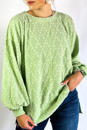 Light Green Solid Color Textured Side Split Crew Neck Blouse BB Fashion Outlet