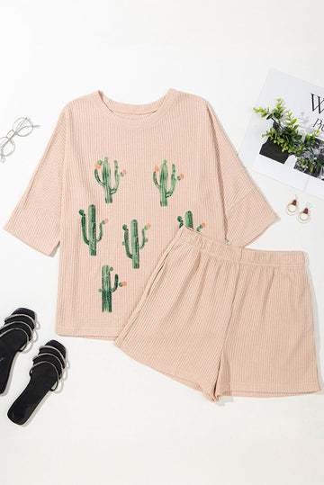 Light French Beige Cactus Forest Waffle Tee Short Co-ord Set eAura