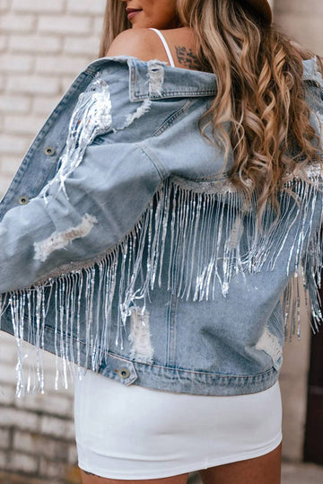 Sky Blue Sequin Embellished Fringe Distressed Denim Jacket Beagle Boutique Fashion Outlet