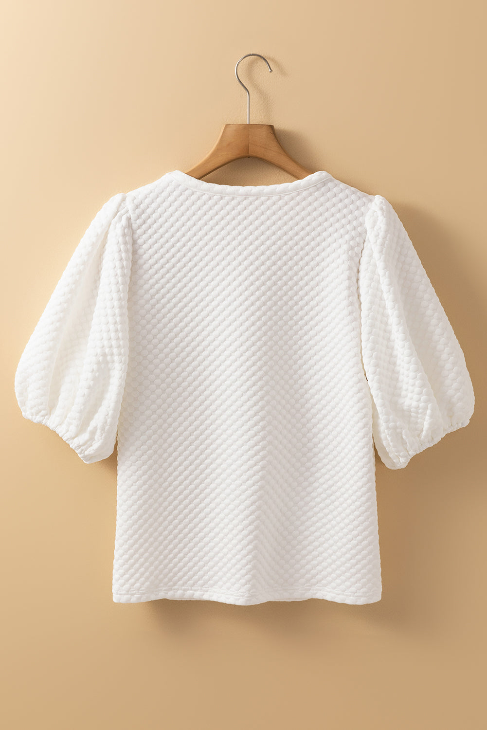 White Solid Textured O Neck Puff Sleeve Blouse eAura