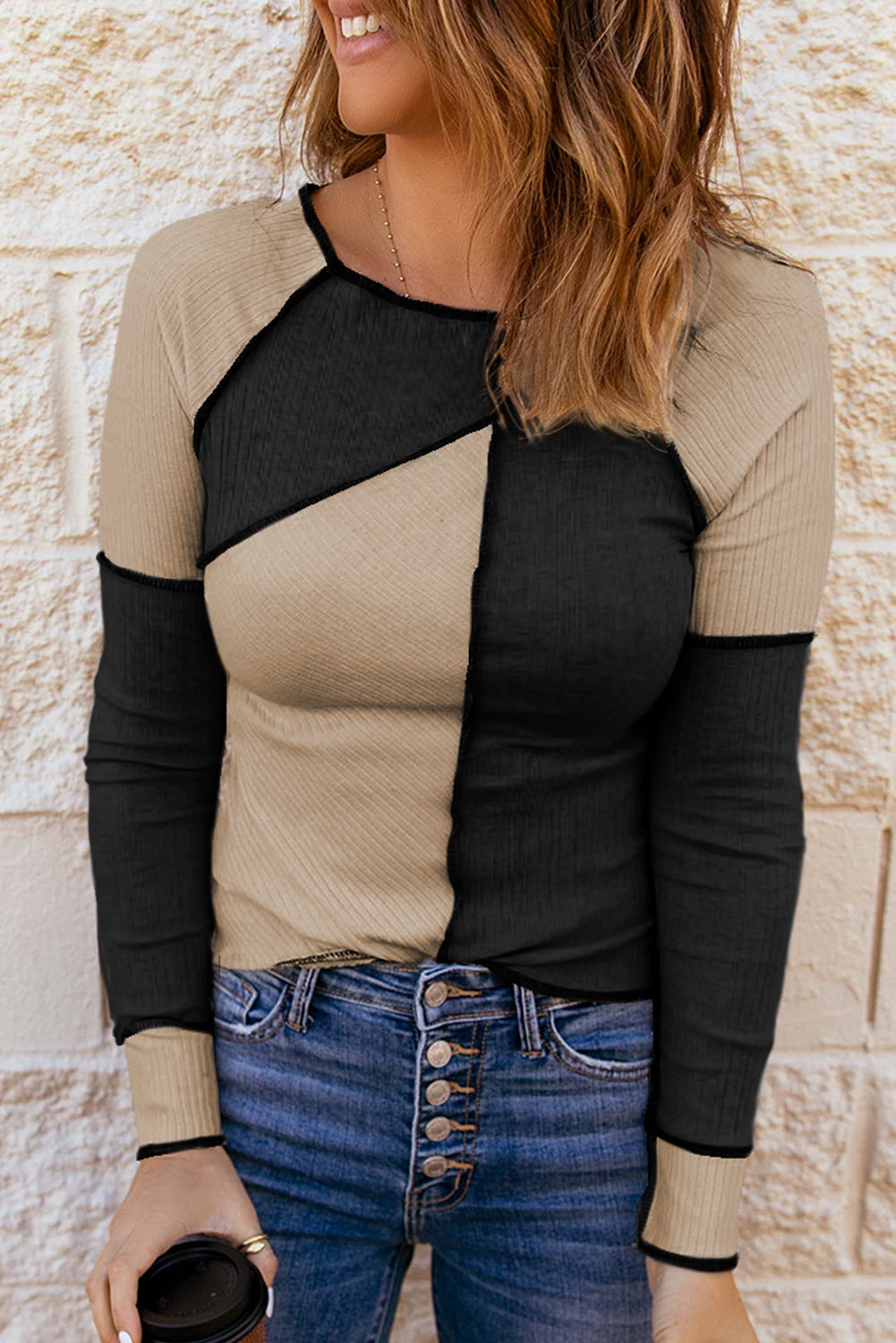 Irregular Colour Block Seaming Trim Rib Knit Top - eAura