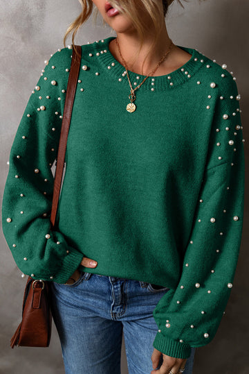 Evergreen Pearled Drop Shoulder Round Neck Sweater eAura
