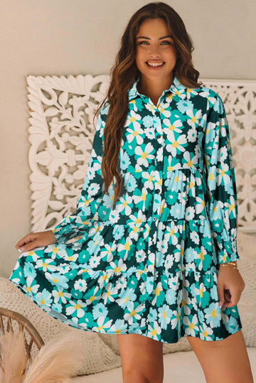 Green Floral Tiered Long Puff Sleeve Shirt Dress eAura