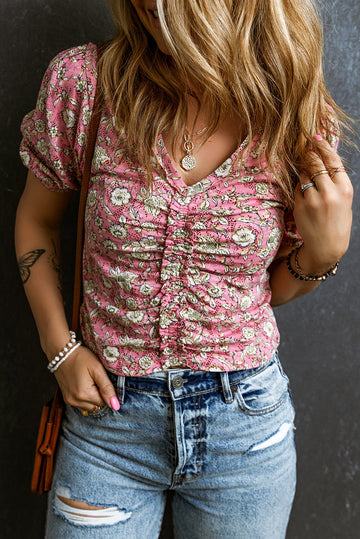 Pink Floral Short Puff Sleeve V Neck Ruched Blouse eAura