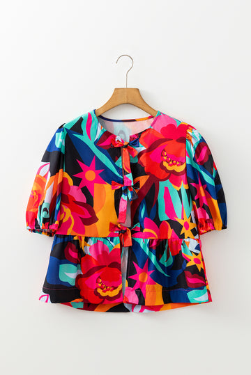Abstract Floral Print Front Tied Puff Sleeve Babydoll Blouse - eAura