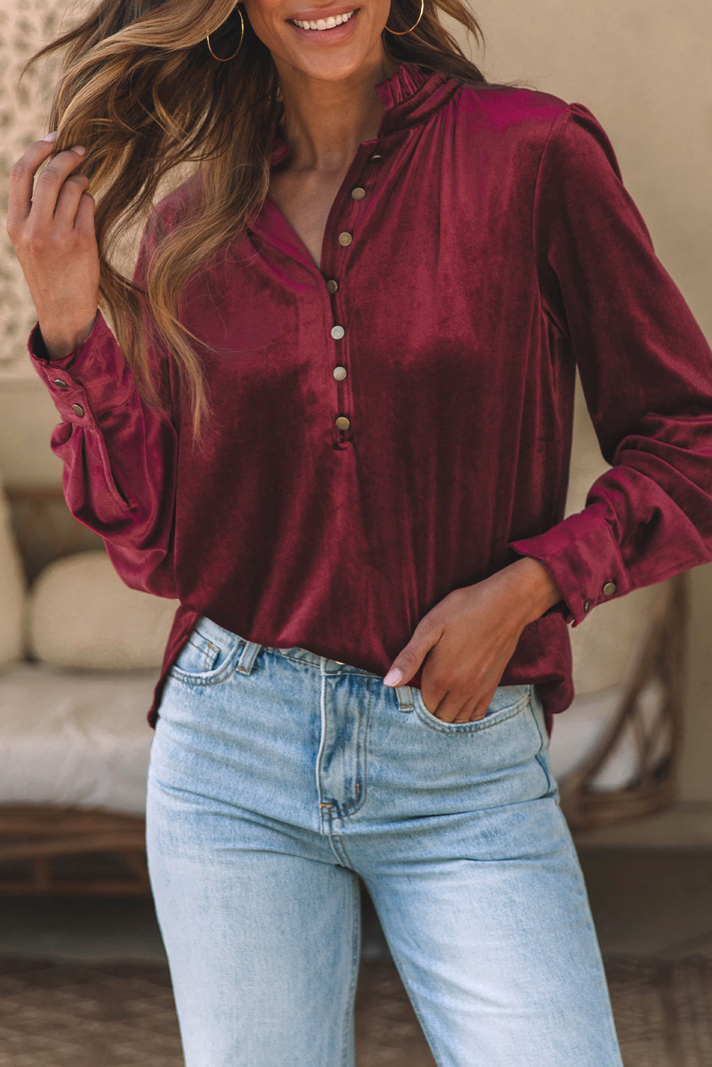 Burgundy Frilled Neck Buttoned Front Velvet Top eAura