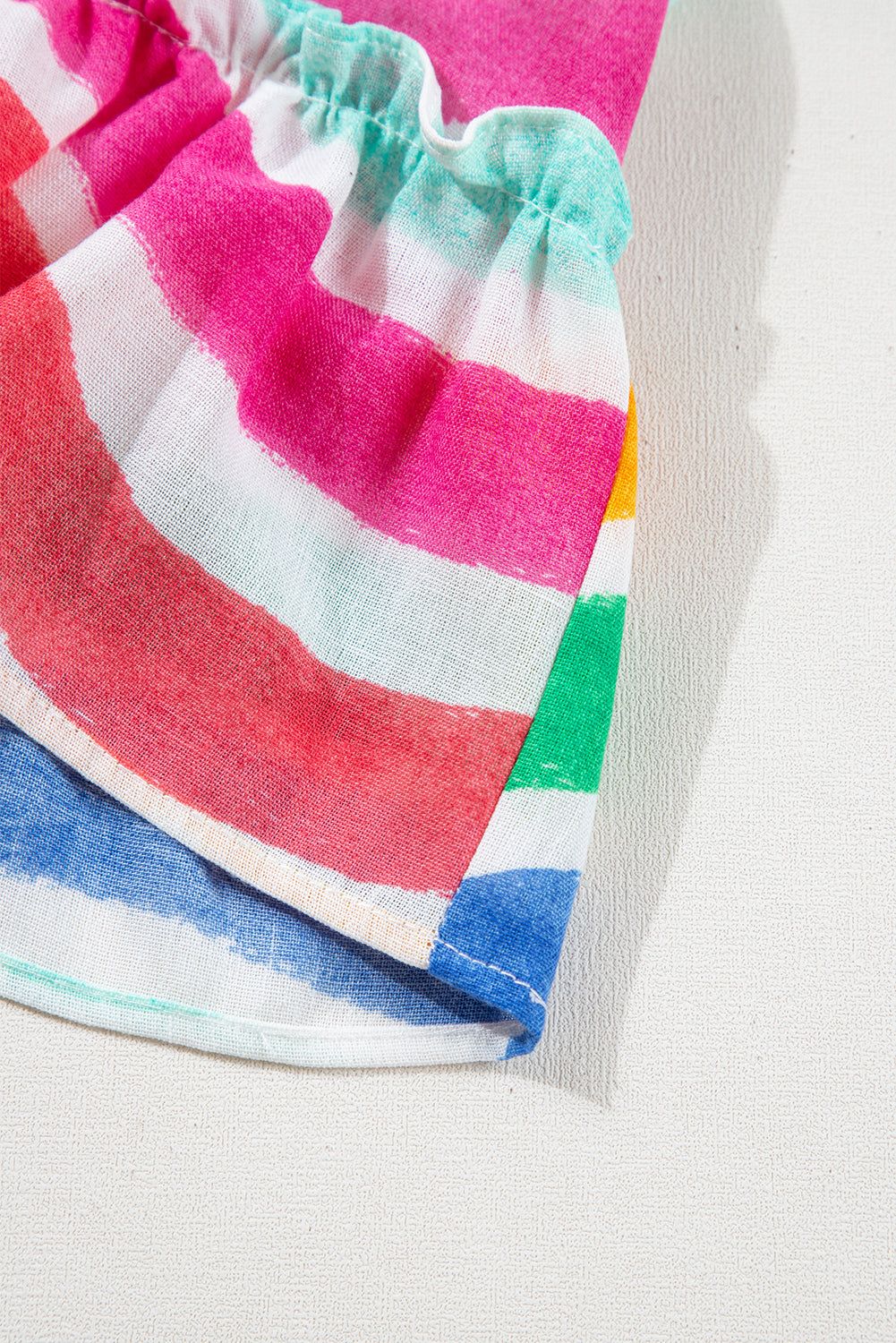 Rainbow Striped Ruffled Hem Drawstring V Neck Sleeveless Top eAura