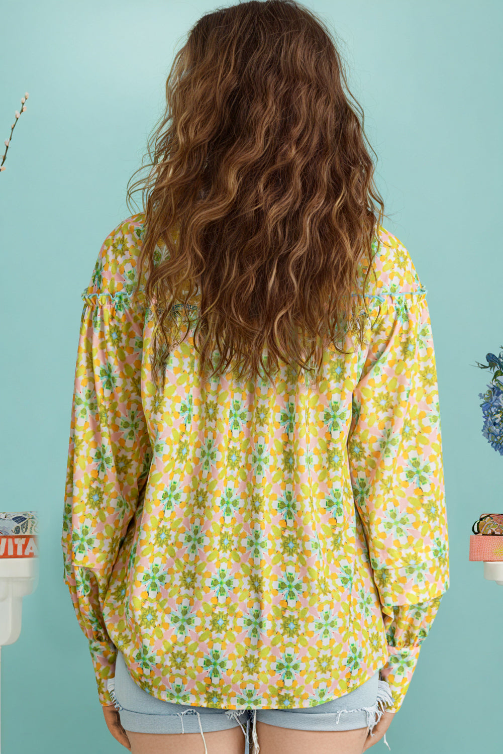 Green Boho Floral Print Frilly Detail Puff Sleeve Shirt eAura