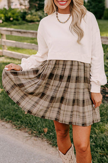 Beige Plaid Patchwork High Waist Sweatshirt Mini Dress eAura