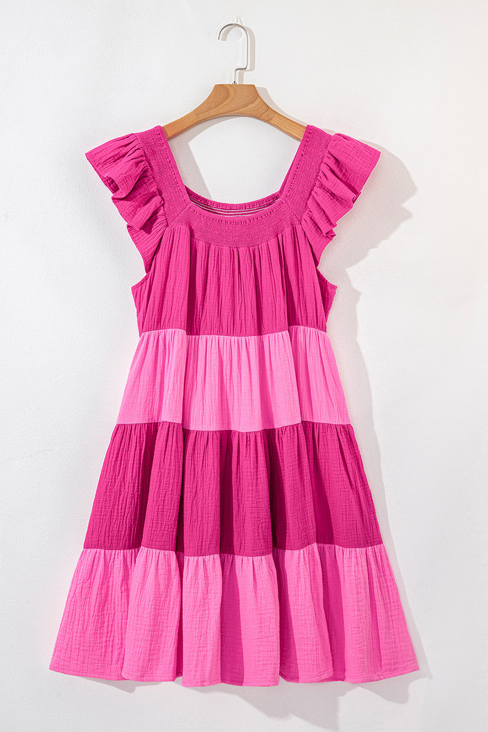 Pink Crinkled Colourblock Patchwork Flutter Tiered Mini Dress eAura