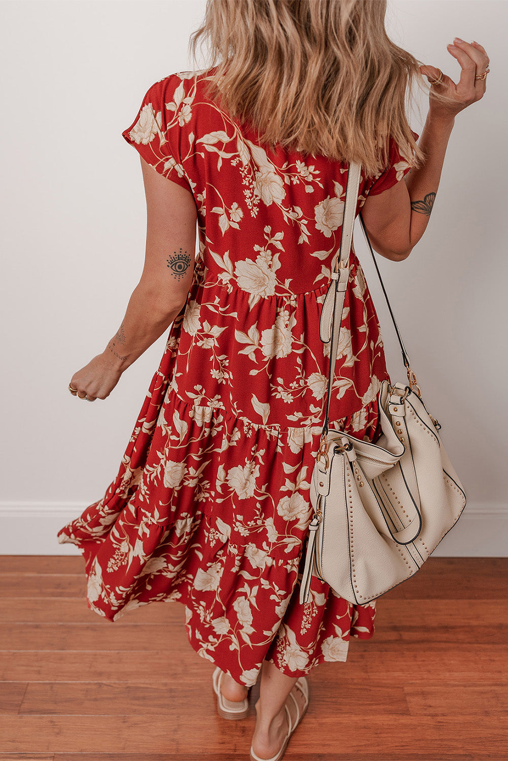 Red Floral Print Buttoned Front V Neck Tiered Short Sleeve Maxi Dress eAura