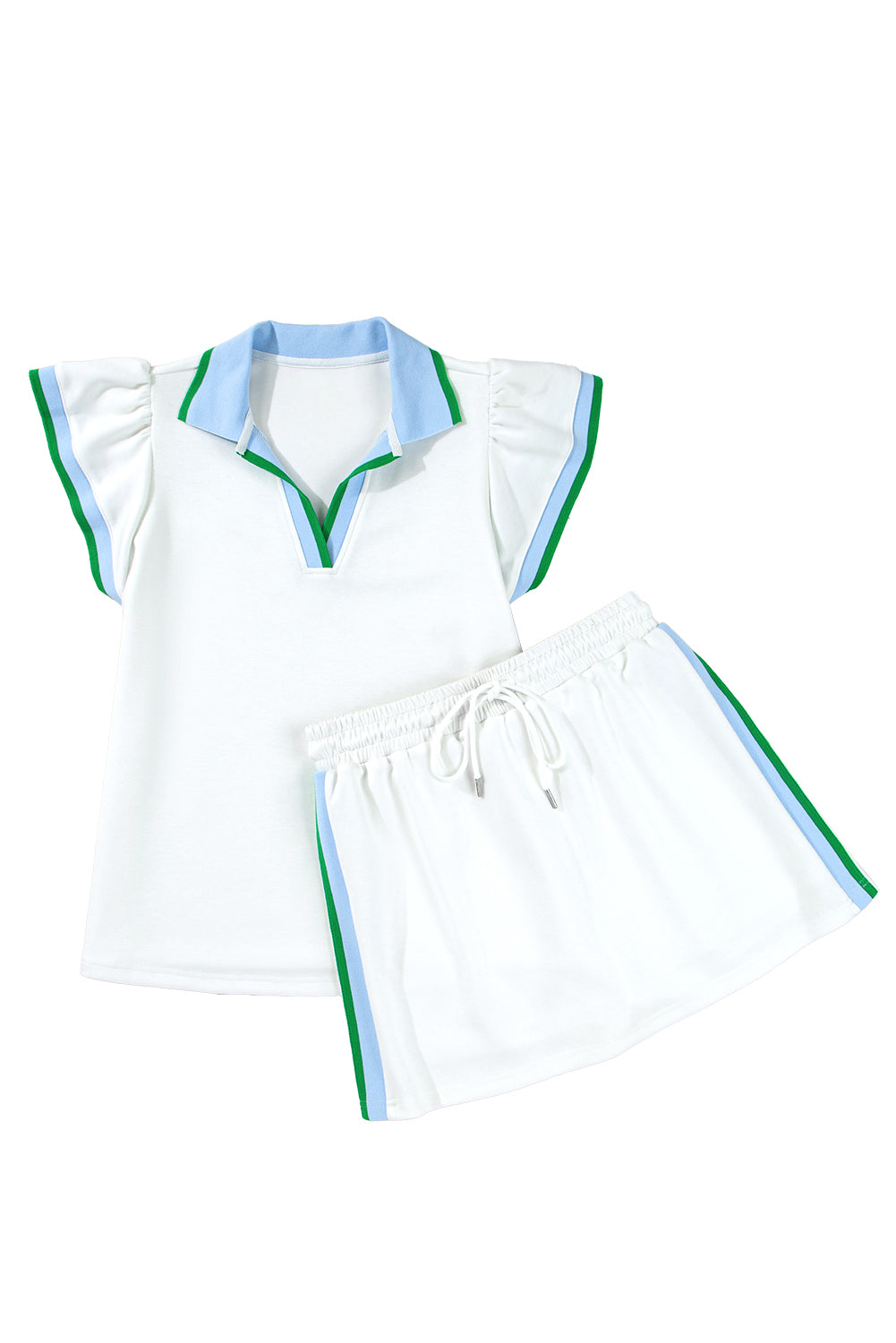White Colourblock Edge Cap Sleeve Collared Top 2 Piece Skirt Set eAura