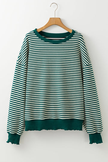 Green Stripe Loose Drop Shoulder Long Sleeve Top BB Fashion Outlet