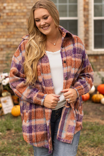 Multicolour Plus Size Plaid Print Collared Button up Jacket Beagle Boutique Fashion Outlet