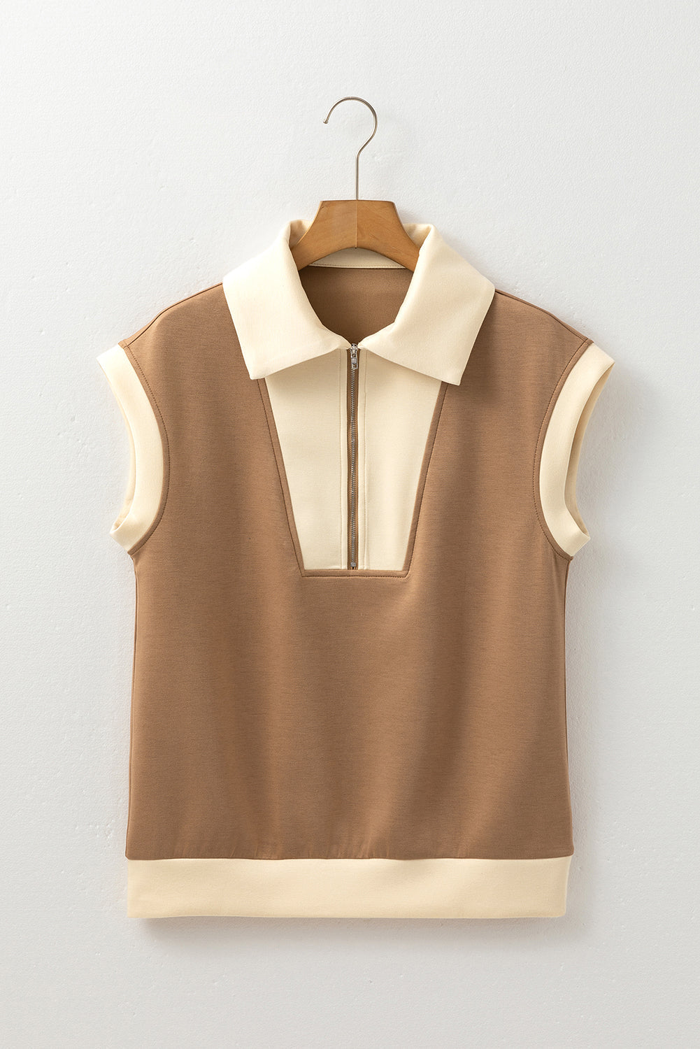 Simply Taupe Half Zipper Collared Colourblock Short Sleeve Top eAura