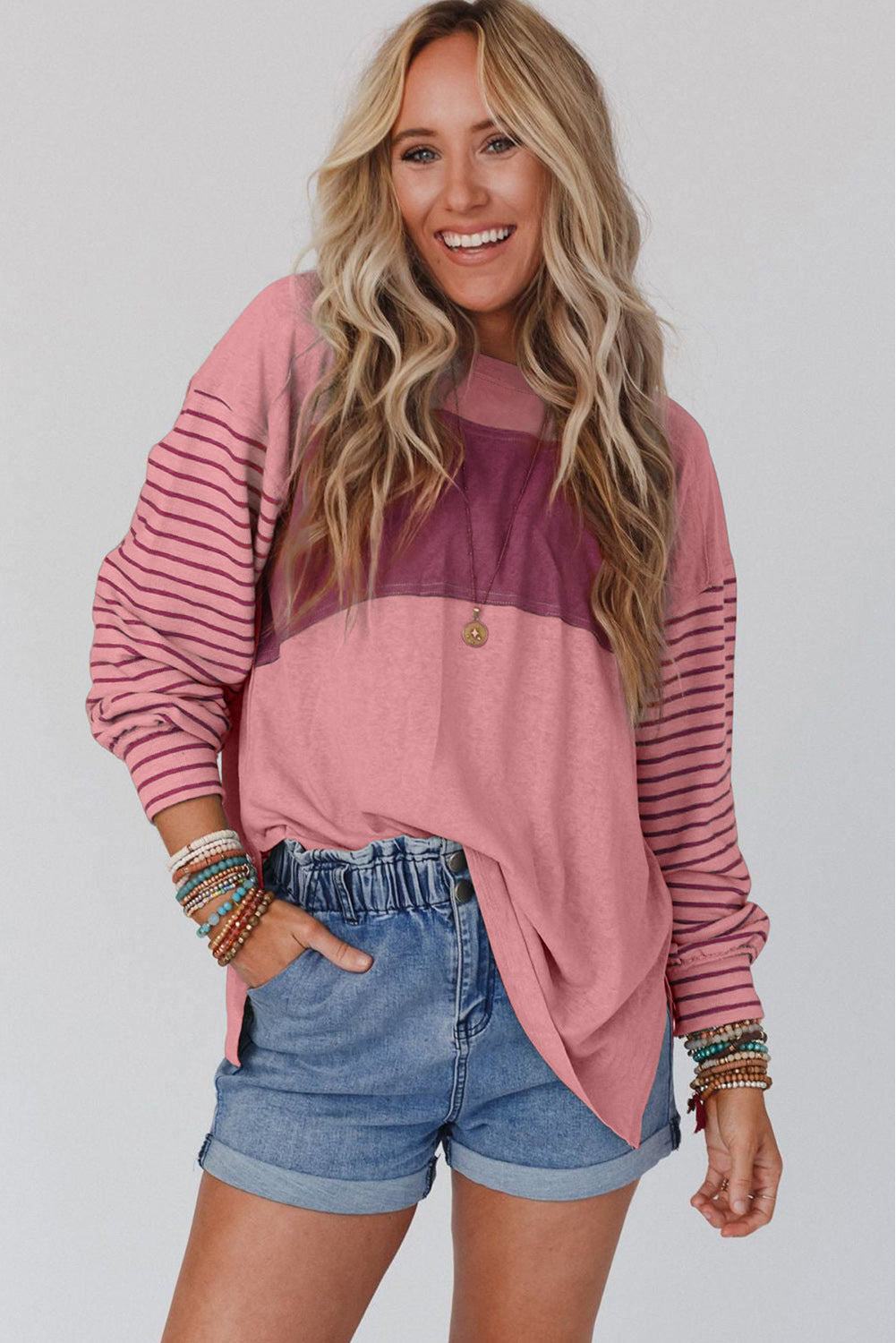 Fiery Red Colourblock Striped Bishop Sleeve Top eAura