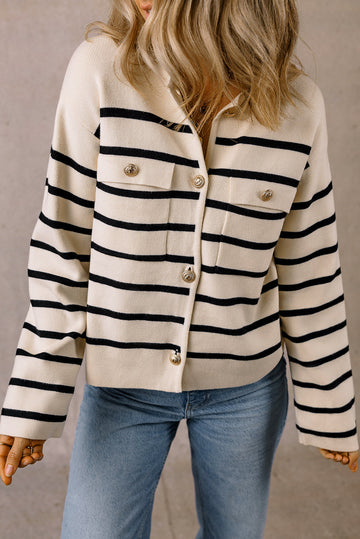 Black Stripe Flap Pocket Buttoned Cardigan Sweater eAura