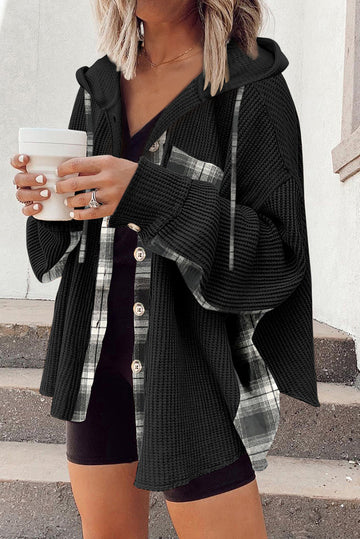 Black Waffle Knit Plaid Patchwork Drawstring Hooded Shacket eAura