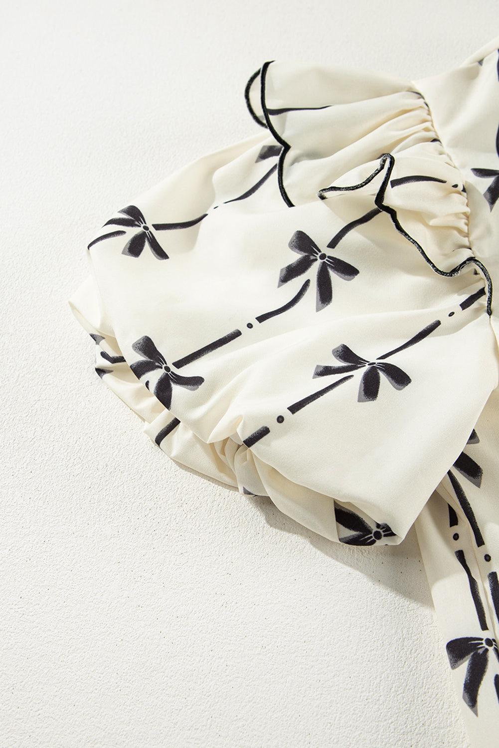 Beige Bow Printed Ruffled Bubble Sleeve Tied Notched V Neck Blouse eAura