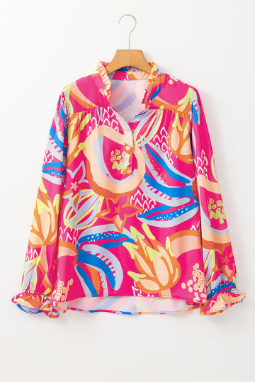 Black Abstract Print Ruffled Sleeve Buttoned V Neck Blouse eAura