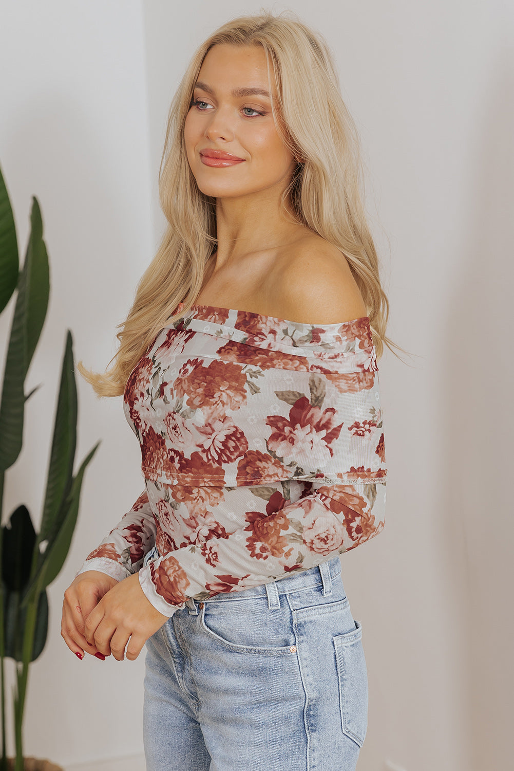 Pink Floral Printed Long Sleeve Sheath Bodysuit eAura