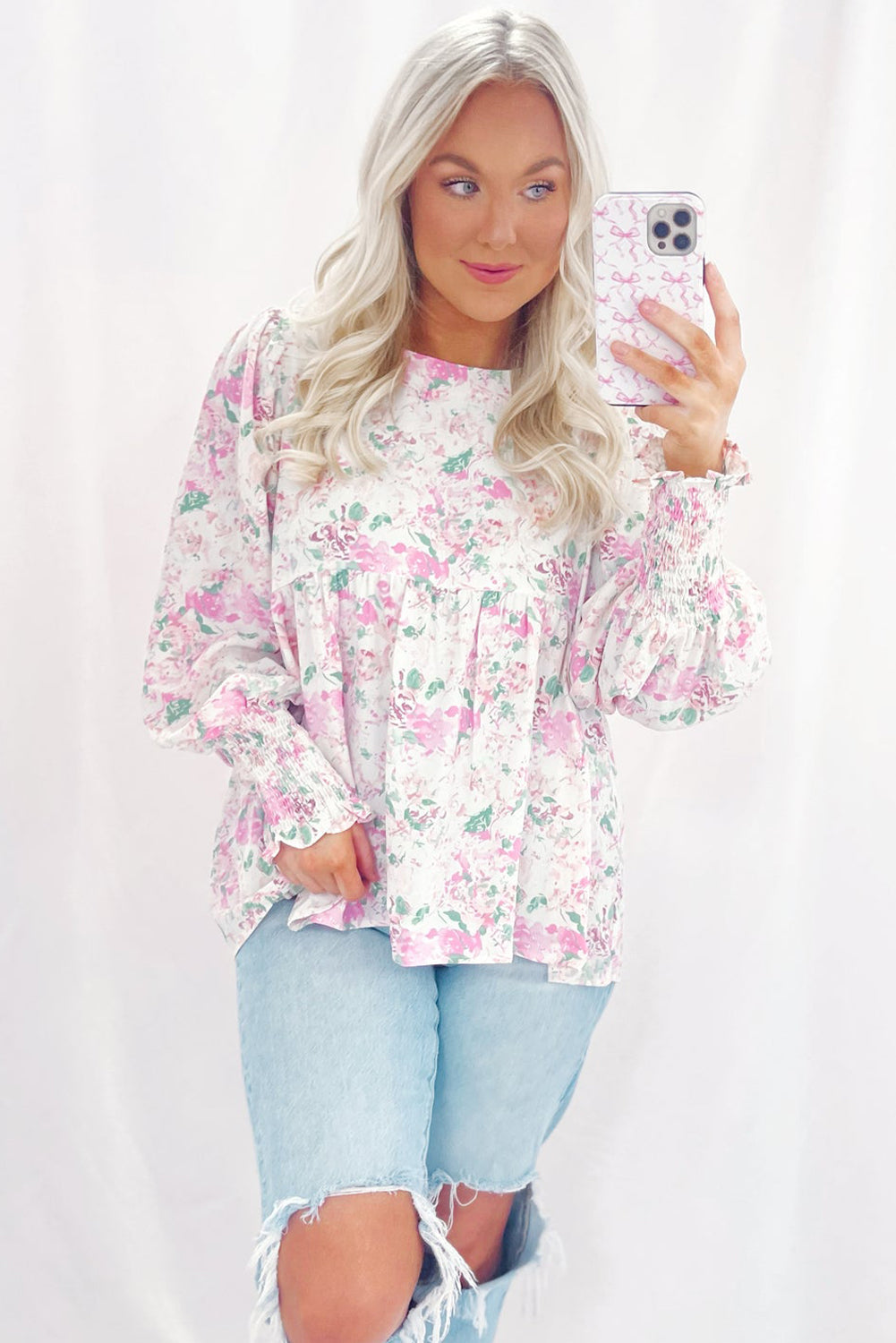 Pink Floral Print Shirred Balloon Sleeve Keyhole Back Babydoll Blouse eAura