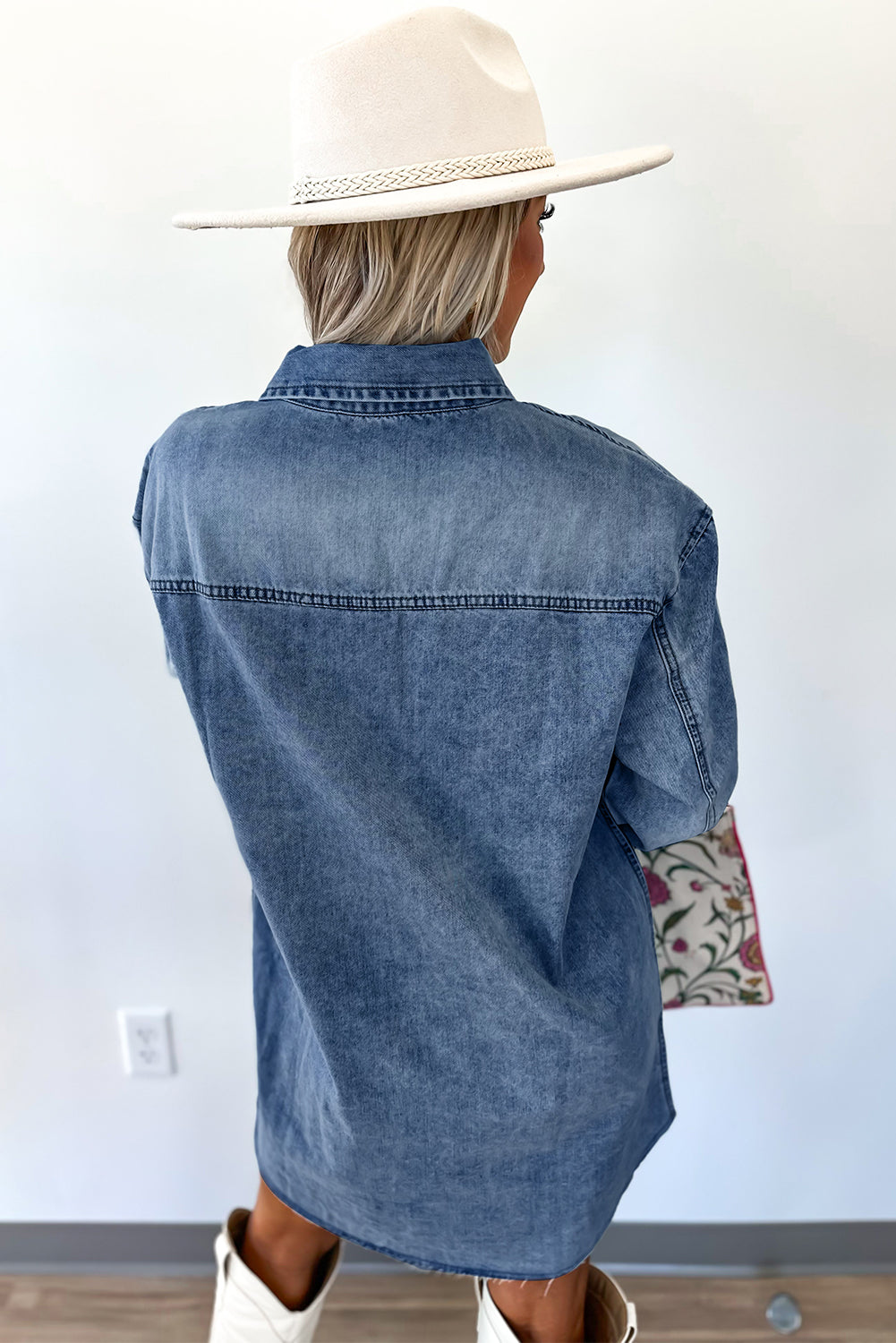 Chest Pocket Raw Hem Denim Baggy Shirt Dress - eAura