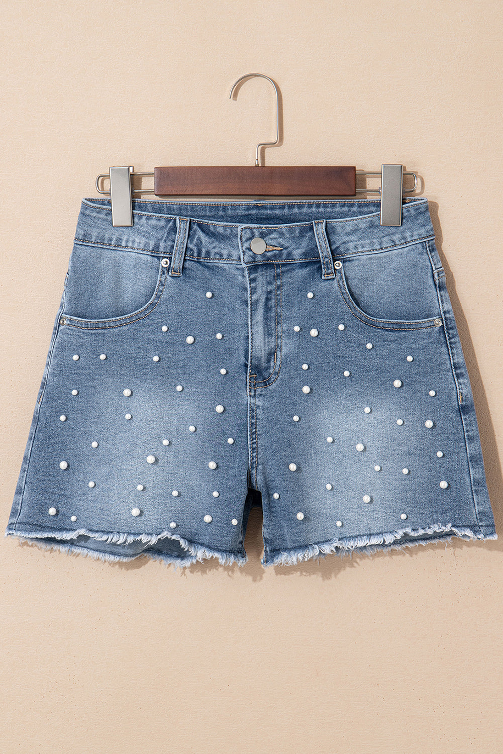 Dusk Blue Pearl Beaded Raw Hem Medium Wash Denim Shorts eAura