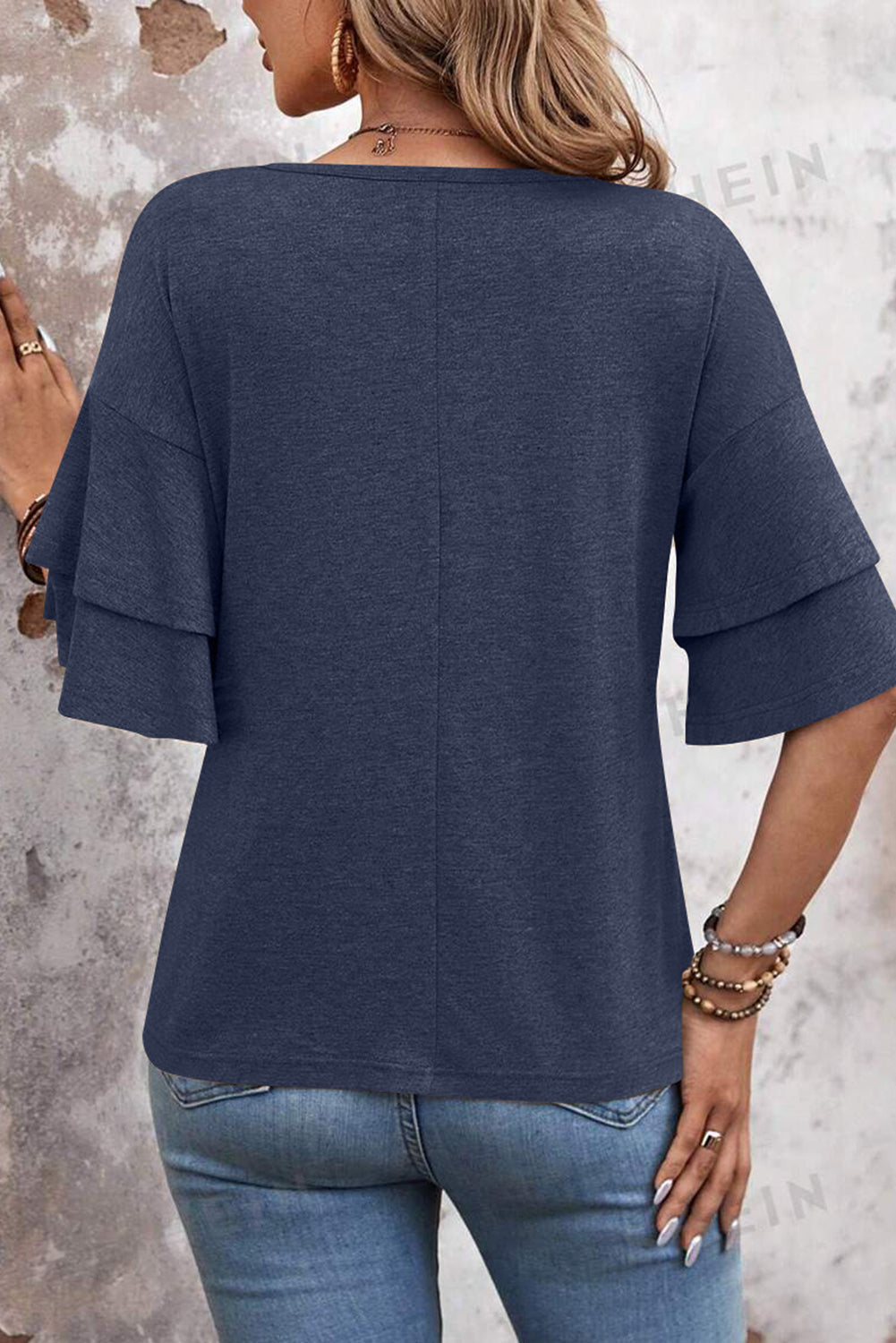 Sail Blue Solid Colour V-Neck Double Layer Sleeve Loose T-Shirt eAura