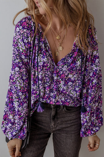 Purple Boho Flower Split V Neck Bubble Sleeve Blouse eAura