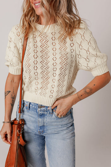 Beige Hollowed Pattern Knit Short Puff Sleeve Sweater eAura
