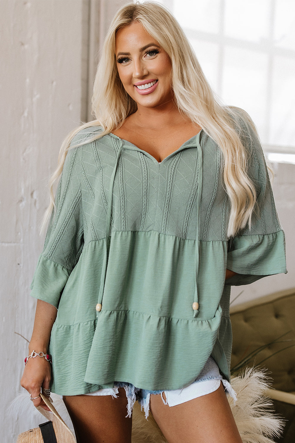 Laurel Green Tie Split Neck Textured Ruffle Patchwork Blouse eAura