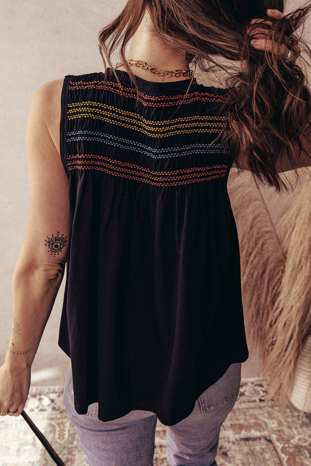 Black Shirred Yoke Notched V-Neck Tank Top eAura