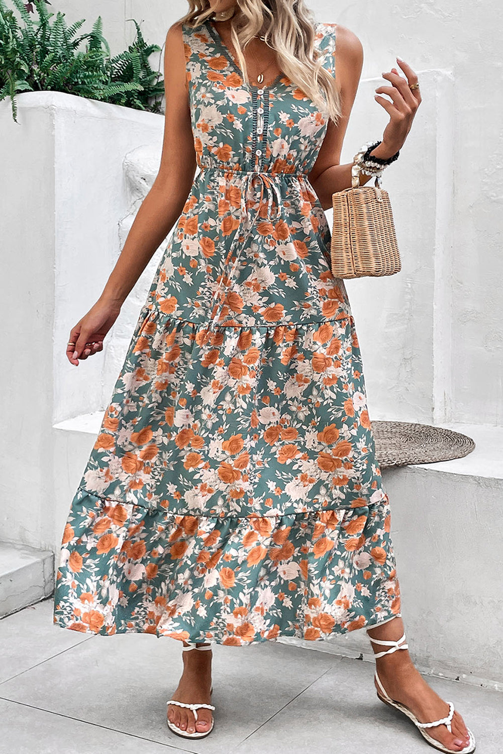 Green Floral Print Trimmed V Neck Tie Waist Sleeveless Holiday Long Dress eAura