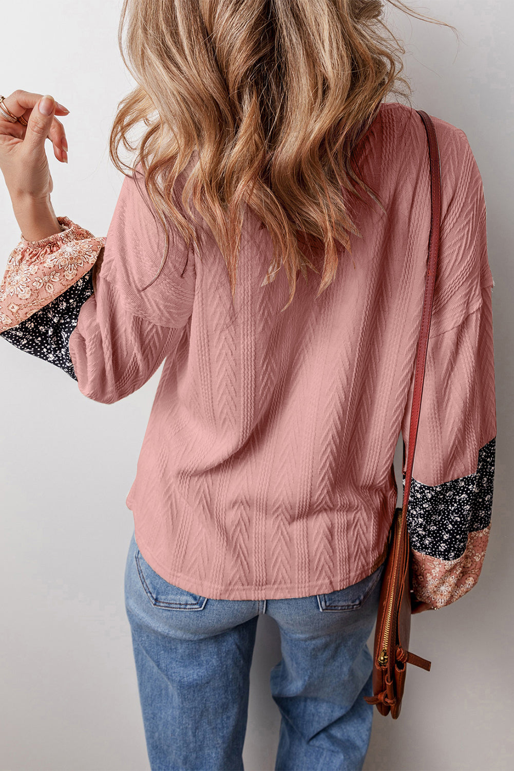 Dusty Pink Floral Patchwork Textured Knit Drawstring V Neck Blouse eAura