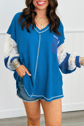 Sky Blue Lace Floral Patchwork Sleeve Stitching V Neck Rib Knit Blouse eAura