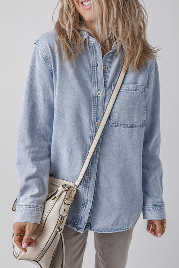 Beau Blue Long Sleeve Buttoned Chest Pocket Denim Shacket Beagle Boutique Fashion Outlet