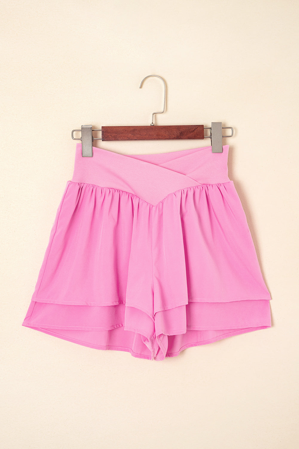 Bright Pink Crossed Waist Tiered Flowy Shorts eAura