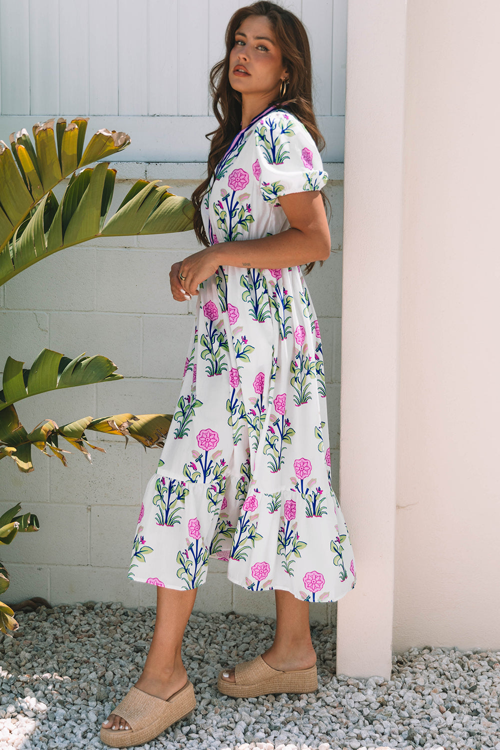 Floral Puff Short Sleeve V Neck High Waist Maxi Dress eAura