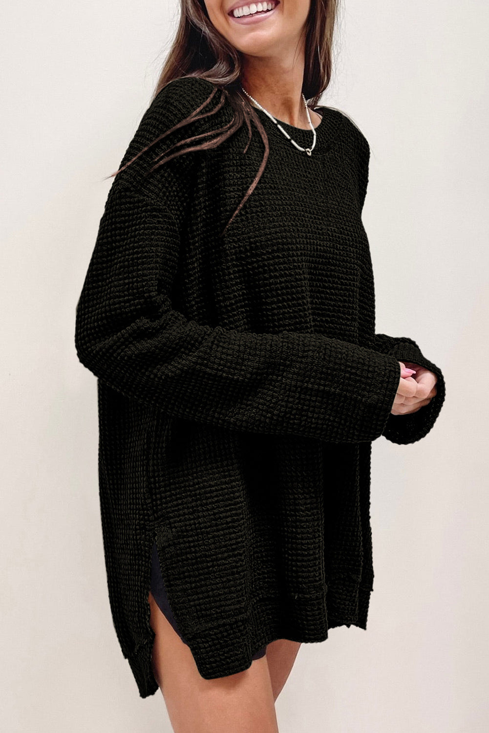 Black Waffle Knit High Slits Oversized Top eAura