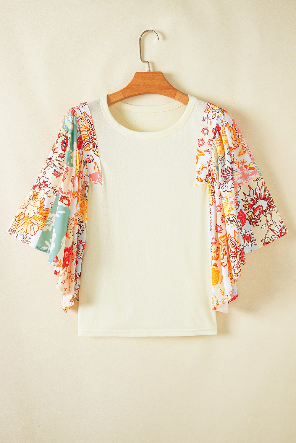 Beige Floral Patchwork Half Batwing Sleeve Blouse eAura