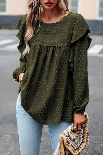 Blackish Green Lace Eyelet Ruffle Shoulder Long Sleeve Blouse eAura