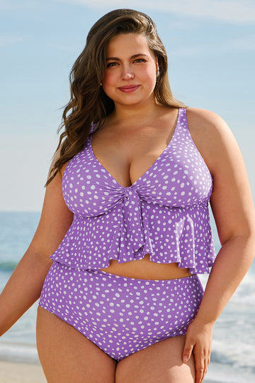 Purple Plus Size Polka Dot Print Ruffled Knotted V Neck Tankini Set BB Fashion Outlet