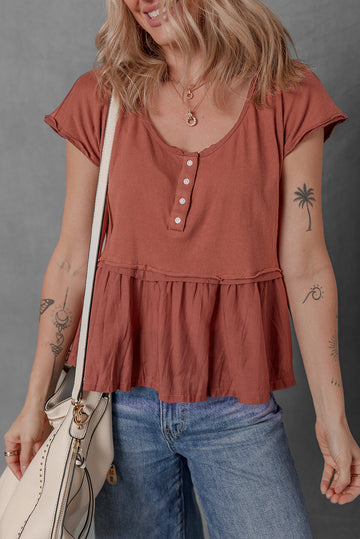 Chestnut Short Sleeve U Neck Buttons Splicing Ruffle Blouse eAura