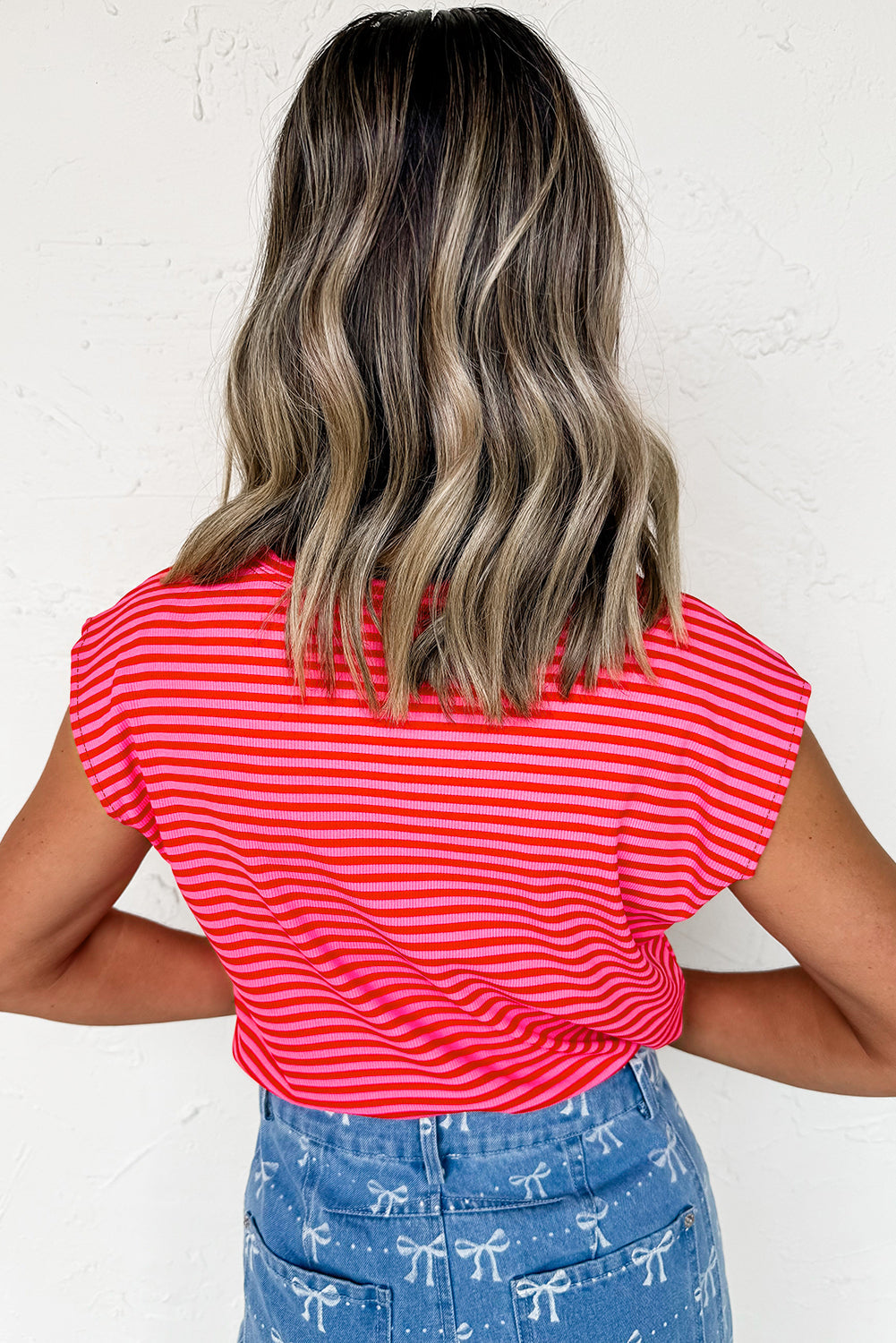 Red Stripe Ribbed Cap Sleeve Round Neck T Shirt eAura