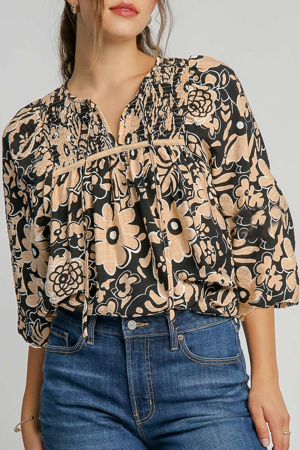 Black Floral Shirred Yoke Bracelet Sleeve Split Neck Boho Blouse eAura
