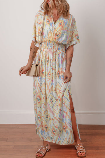 Multicolour Geometric Print Half Sleeve Shirred Maxi Dress eAura