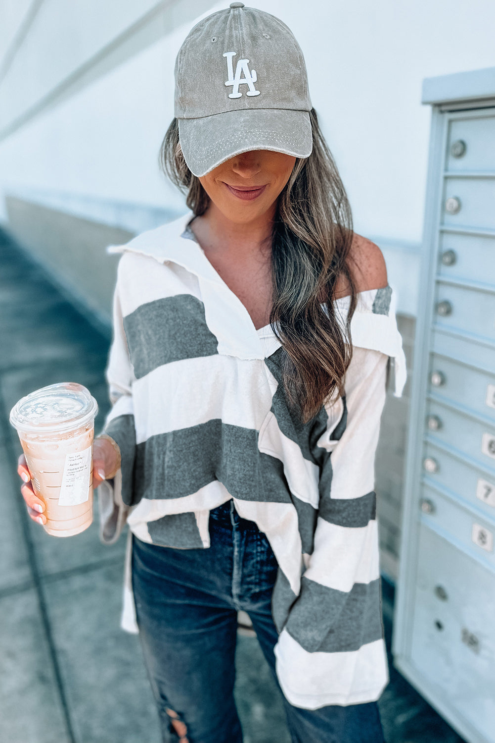 Stripe Oversized Collared Long Sleeve Top eAura