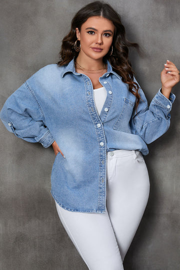 Sky Blue Plus Size Chest Pocket Button-Up Denim Shacket BB Fashion Outlet