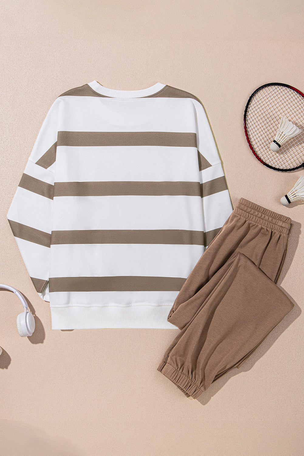 Black Stripe Drop Shoulder Pullover and Jogger Trousers Set eAura